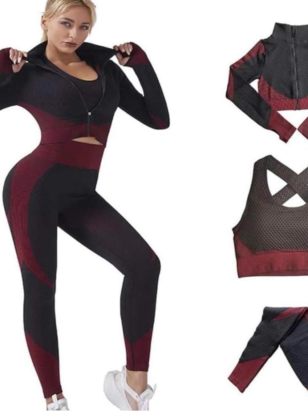 Seamless Black & Burgundy Women's Zip-Front Active Jacket and Sports Bra Set